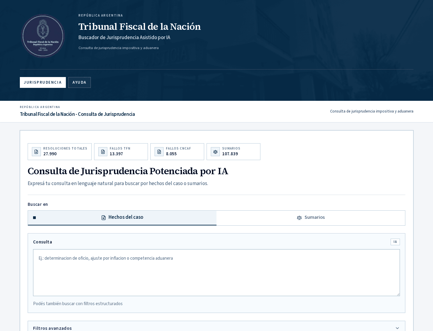 Pantalla principal del buscador con el campo de consulta en lenguaje natural
